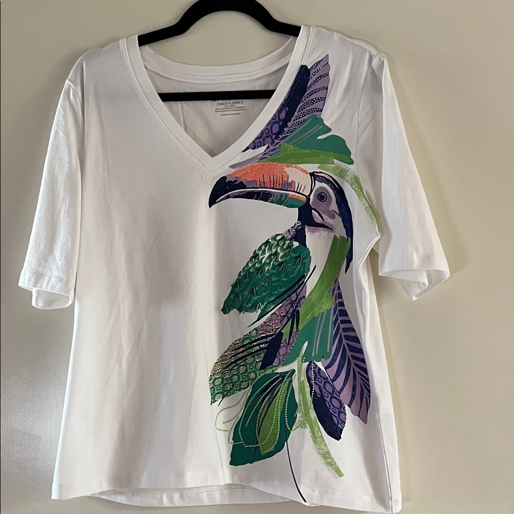 Chico's White V-Neck Tee with Colorful Graphic of the Original Chico Parrot